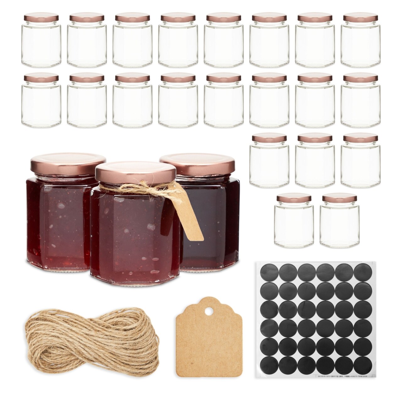 24 Pack 6oz Mason Glass Jars with Lids, Hang Tags, Jute String, Labels for Homemade Honey, Jam and Jelly